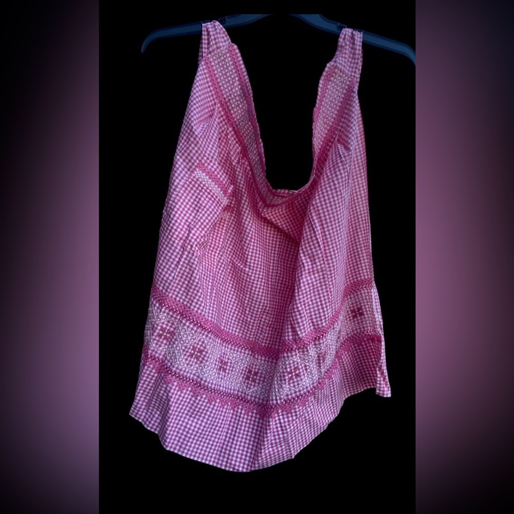 Vintage Pink Gingham Half Apron w/Cross Stitch Design #8546